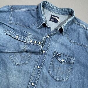 Wrangler Denim Western Shirt X-Long Tails Pearl Snap Big Man Fit Blue Mens 19-35